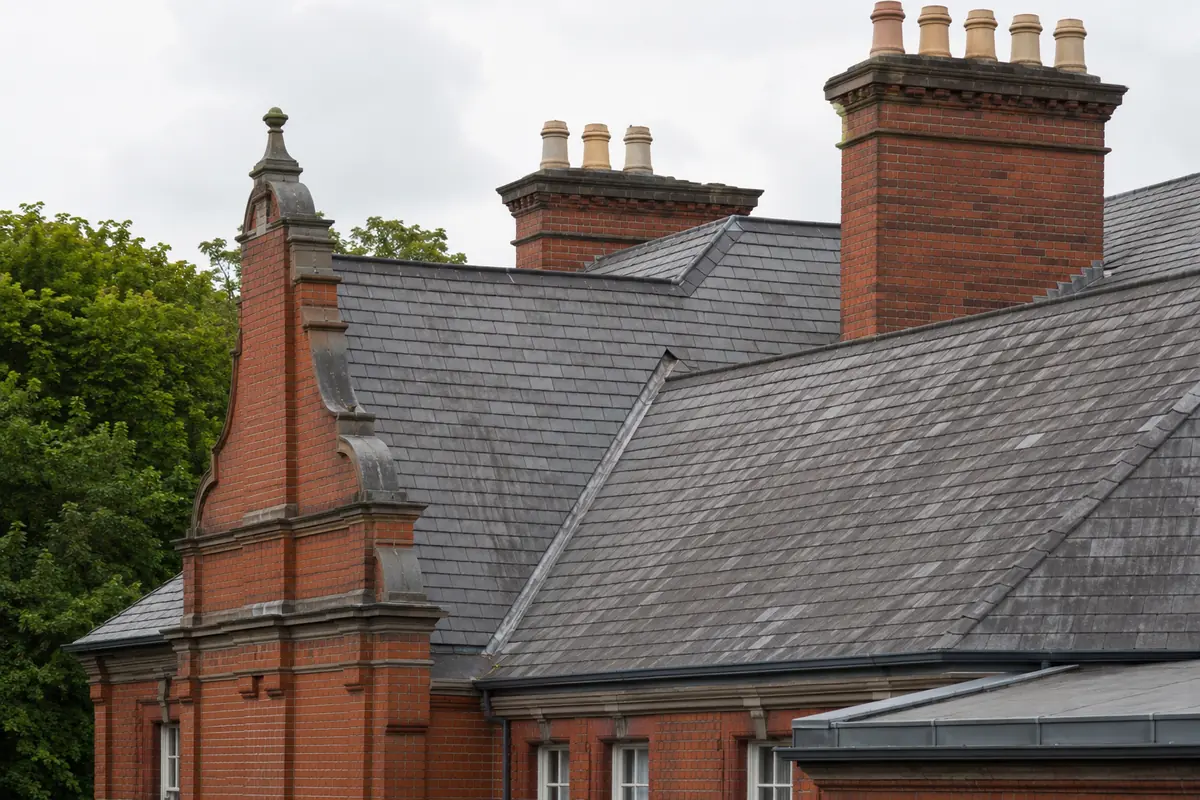 Slate and brick roof detail on a Victorian red-brick in Ballsbridge, Dublin