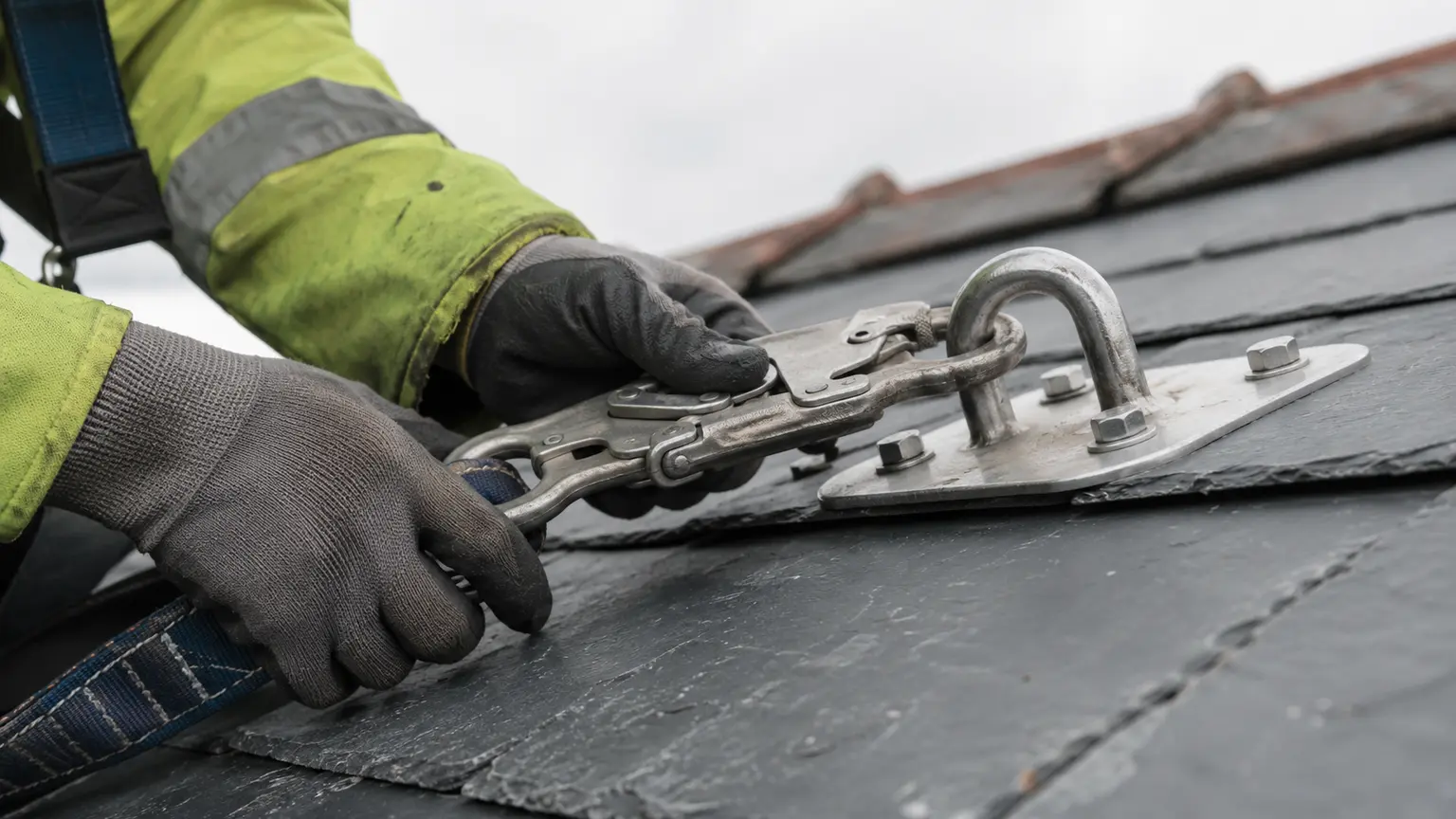 Roofer in a safety harness working on a stripped roof deck