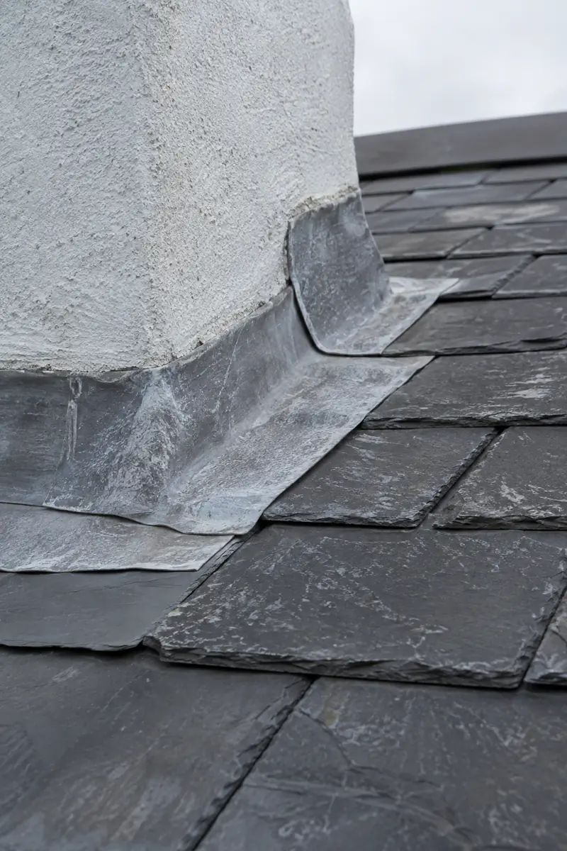 Lead flashing pitted and bloomed by salt air on a Clontarf seafront roof