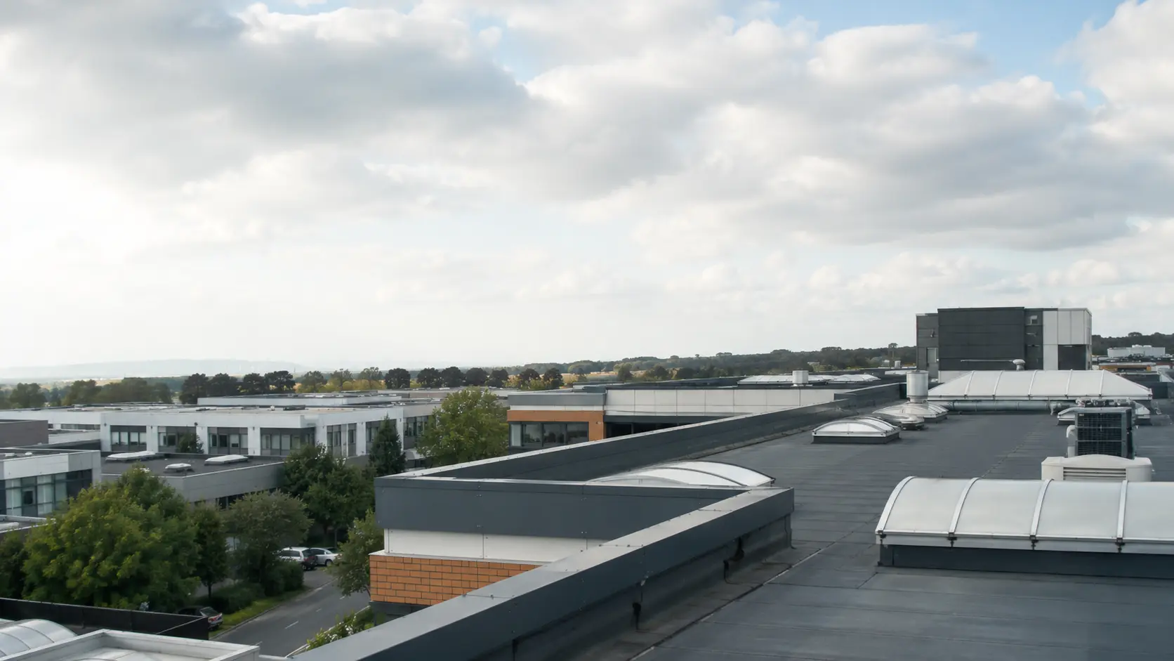 Commercial roofscape across a Dublin business park