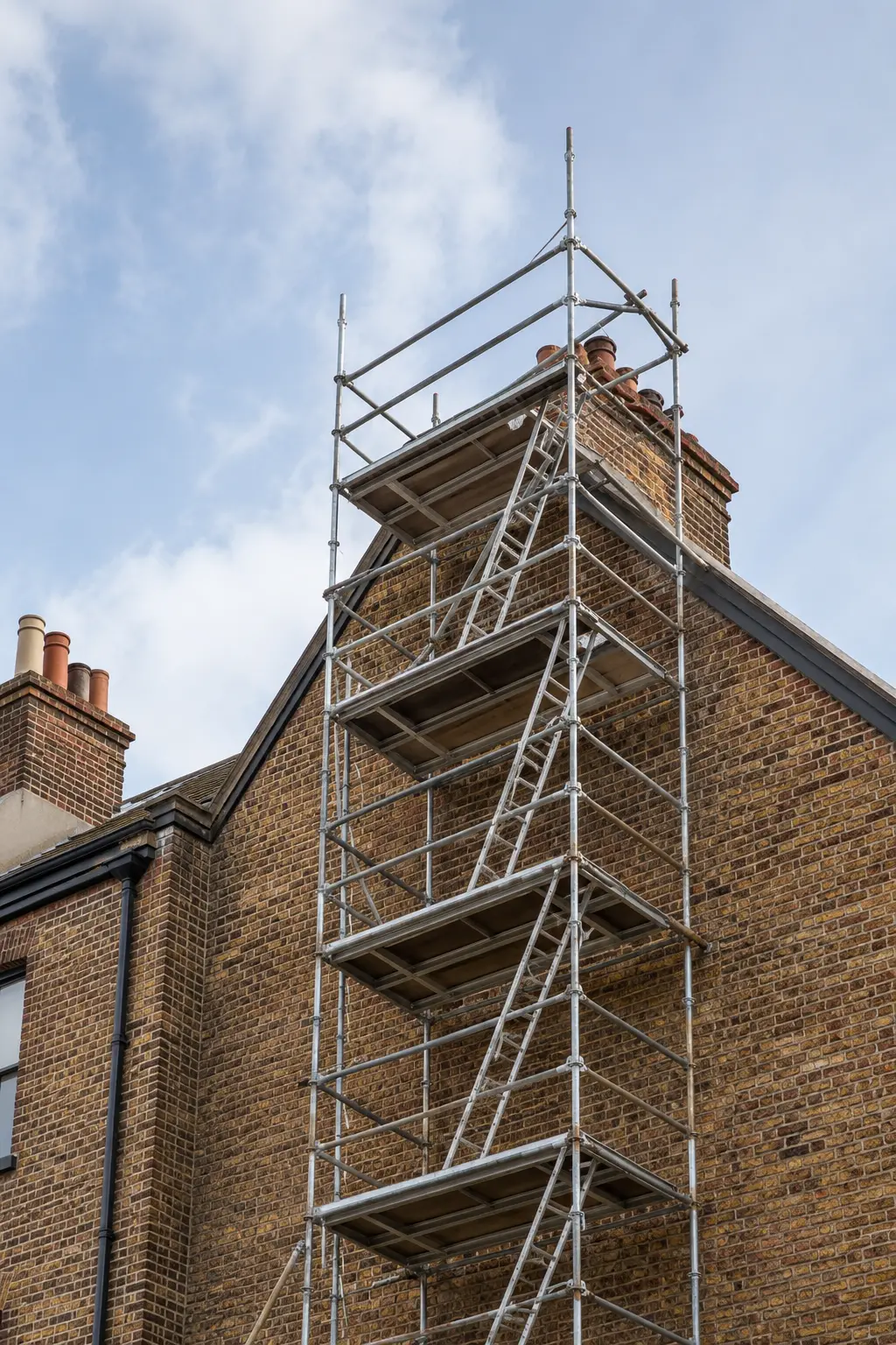 Tower scaffold up the gable of a house being re-roofed