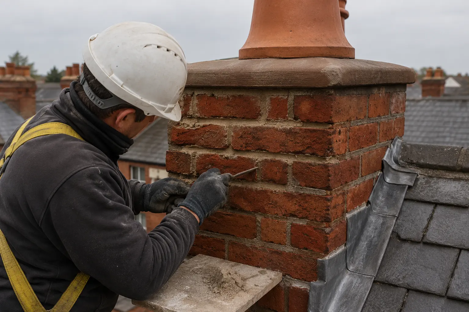 Repointing brickwork joints on a period chimney stack in Harold's Cross