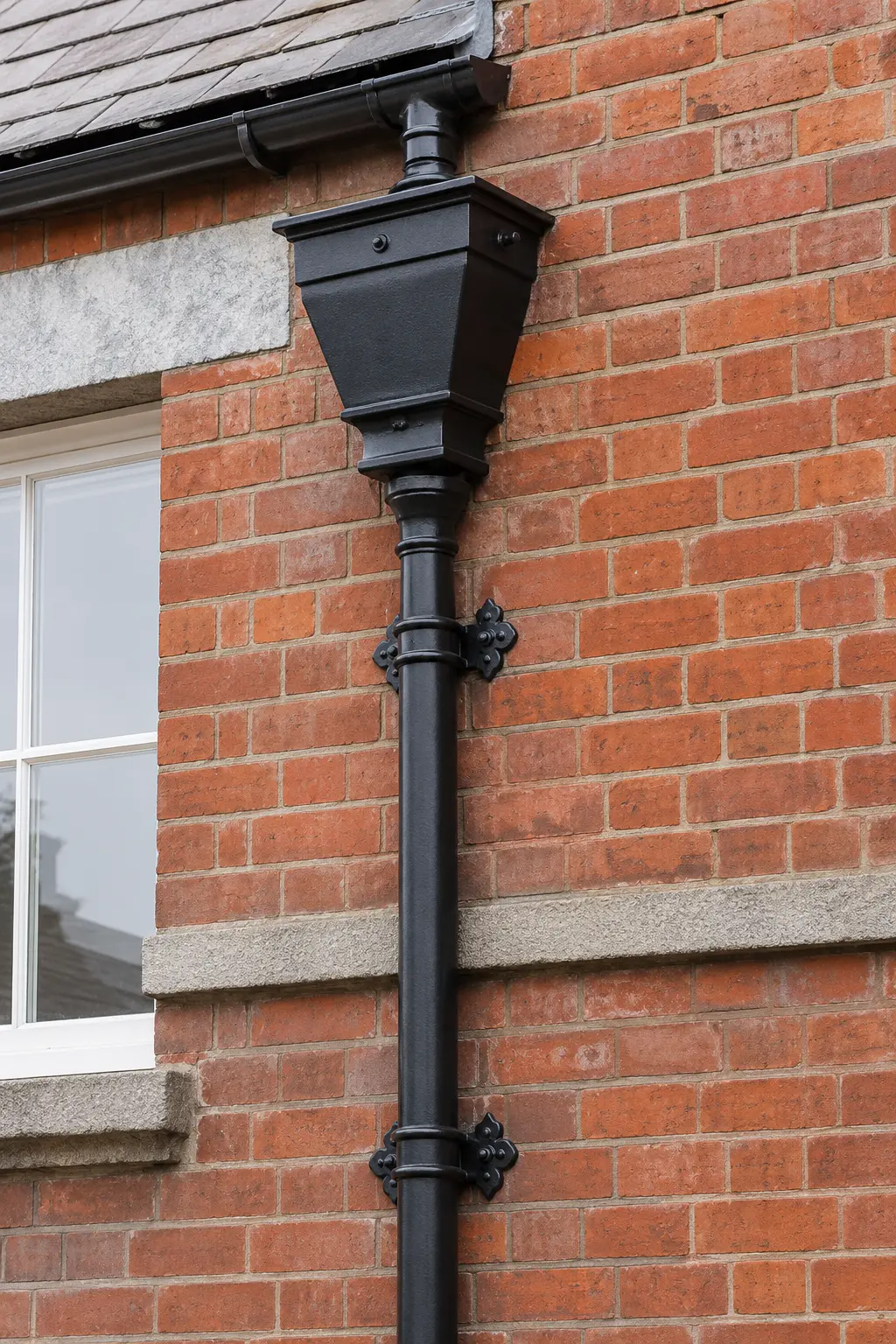 Cast-iron hopper and downpipe on period brick