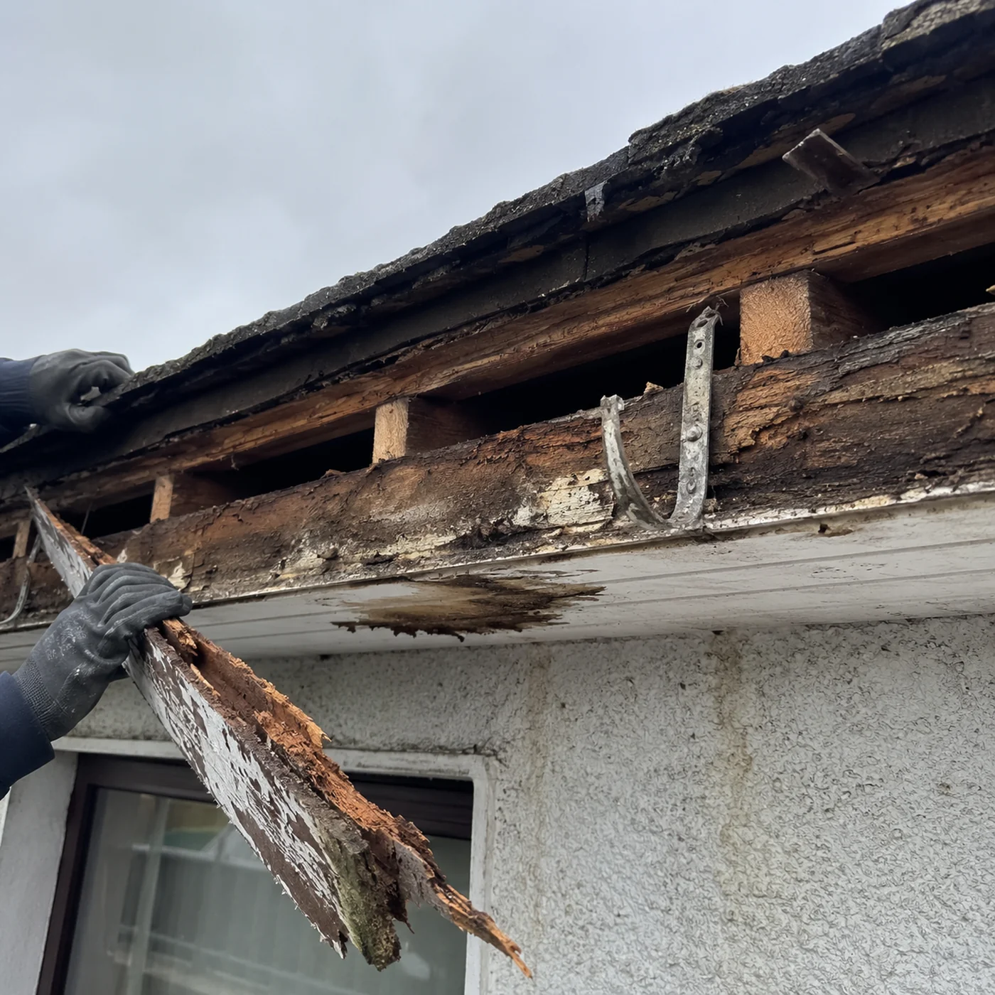 Rotten timber fascia being stripped off a Dublin home