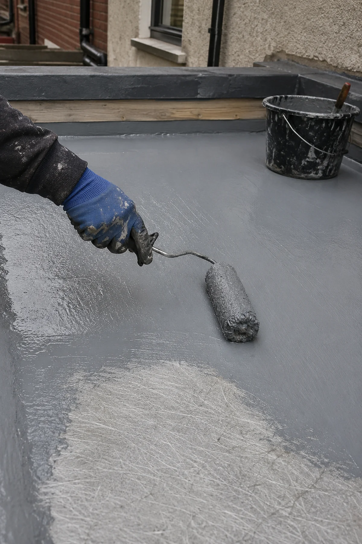 A fibreglass flat roof being rolled and sealed in Dublin