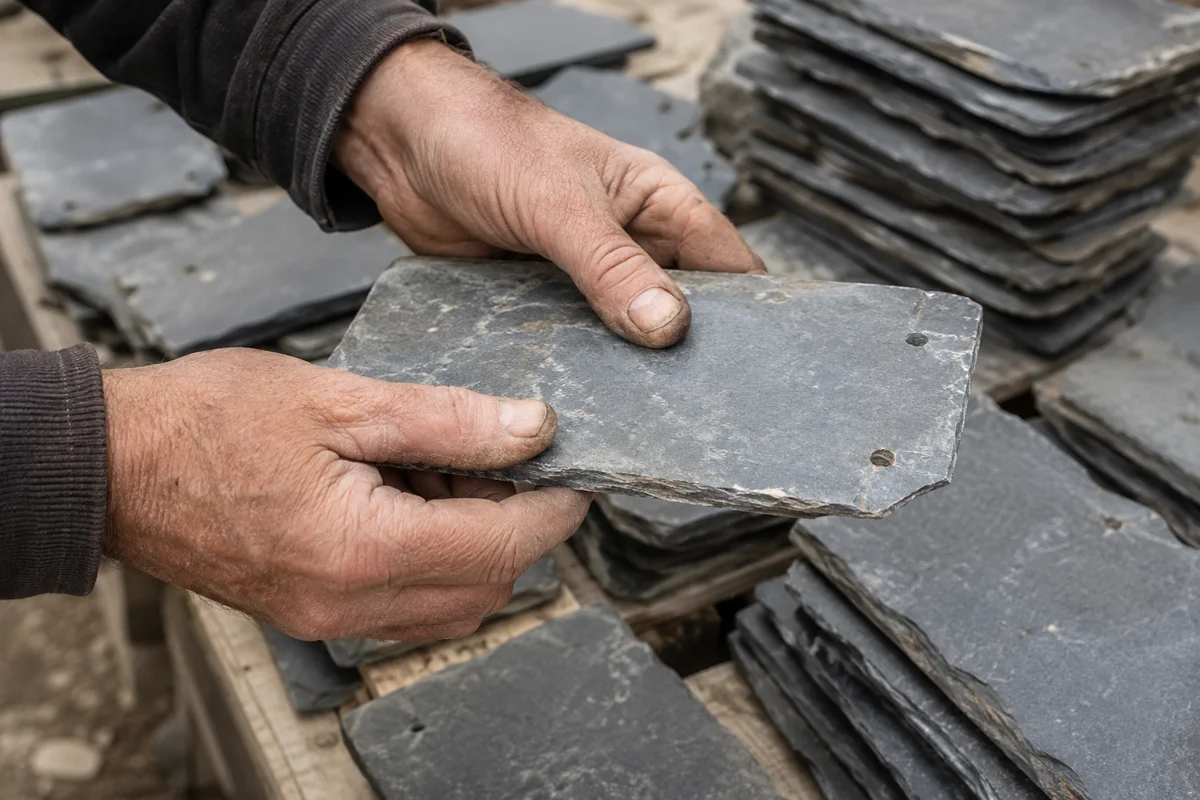 Sorting reclaimed natural slates for reuse on a Dublin period re-roof