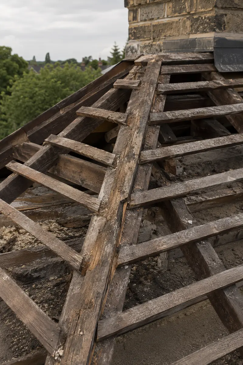 Exposed period roof timbers and ridge during a Dublin re-roof