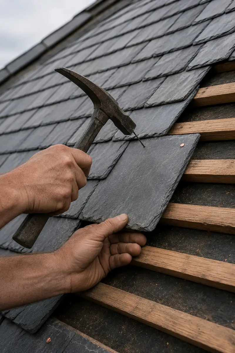 A roofer re-hanging natural slate on new copper nails on a Dublin period roof