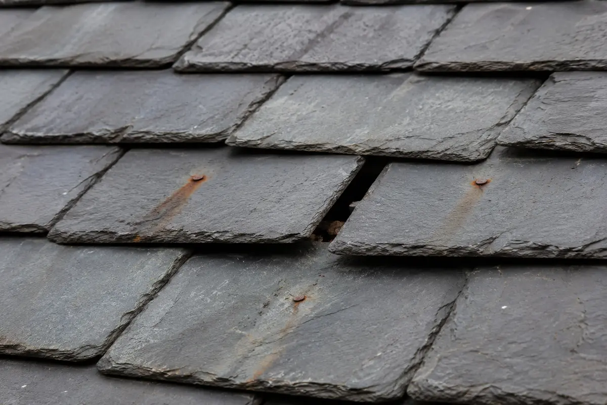 Slates slipped out of line on a Victorian Dublin roof from failed nails