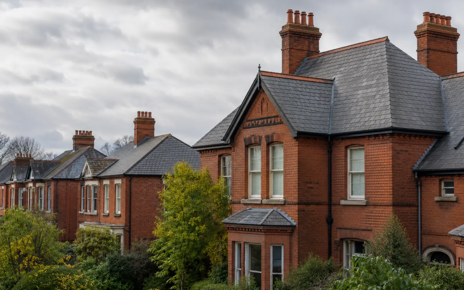 Grand Victorian red-brick houses with steep slate roofs in Ballsbridge, Dublin