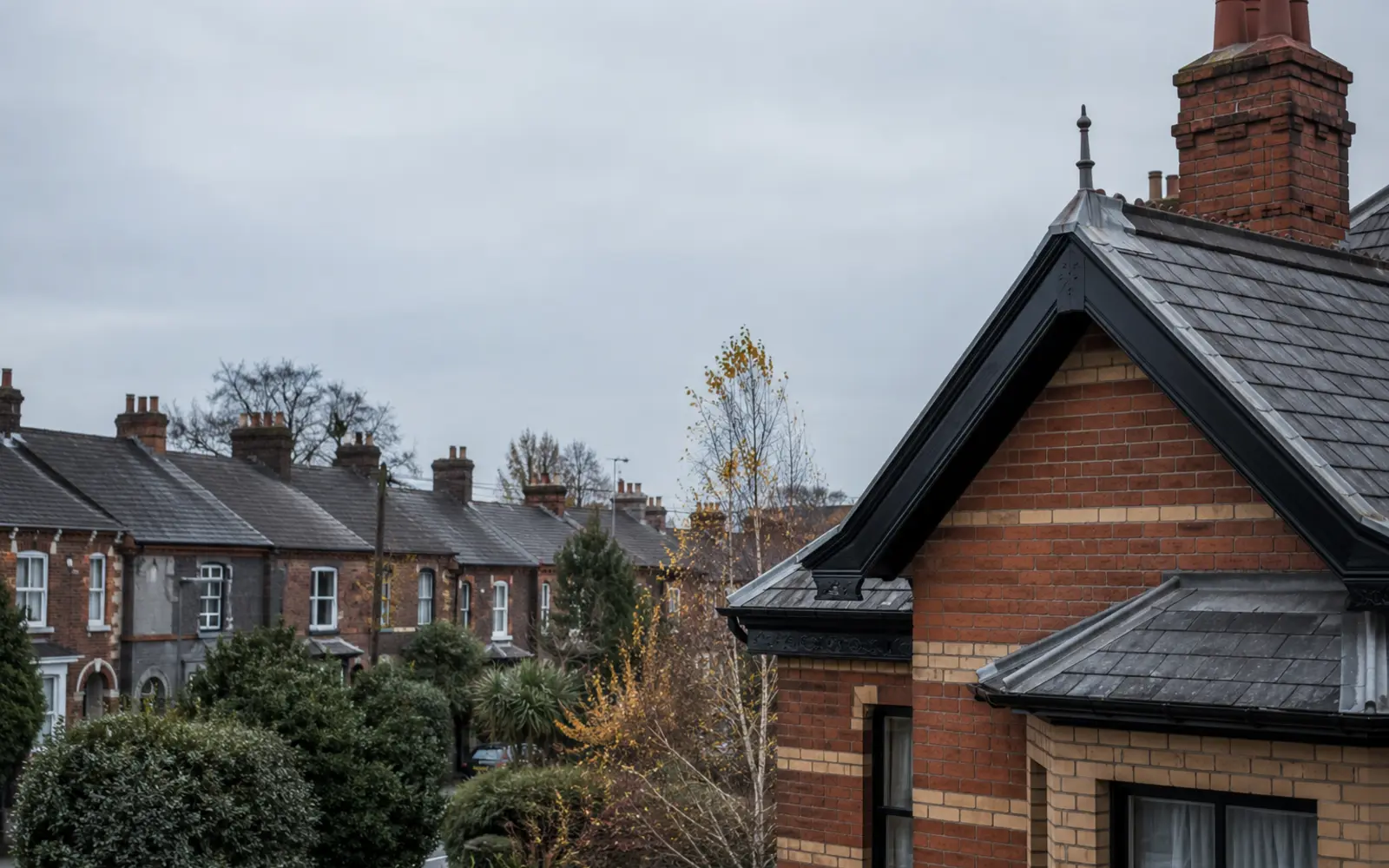 Victorian red-brick homes with slate roofs on a tree-lined Donnybrook avenue, Dublin