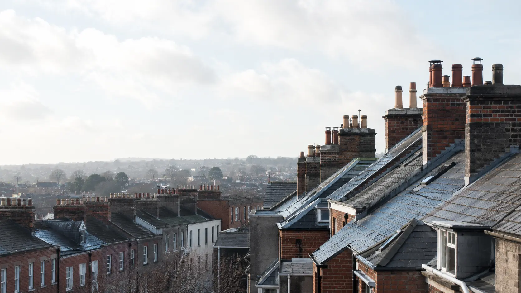 Inner-city Dublin rooftops and chimney stacks