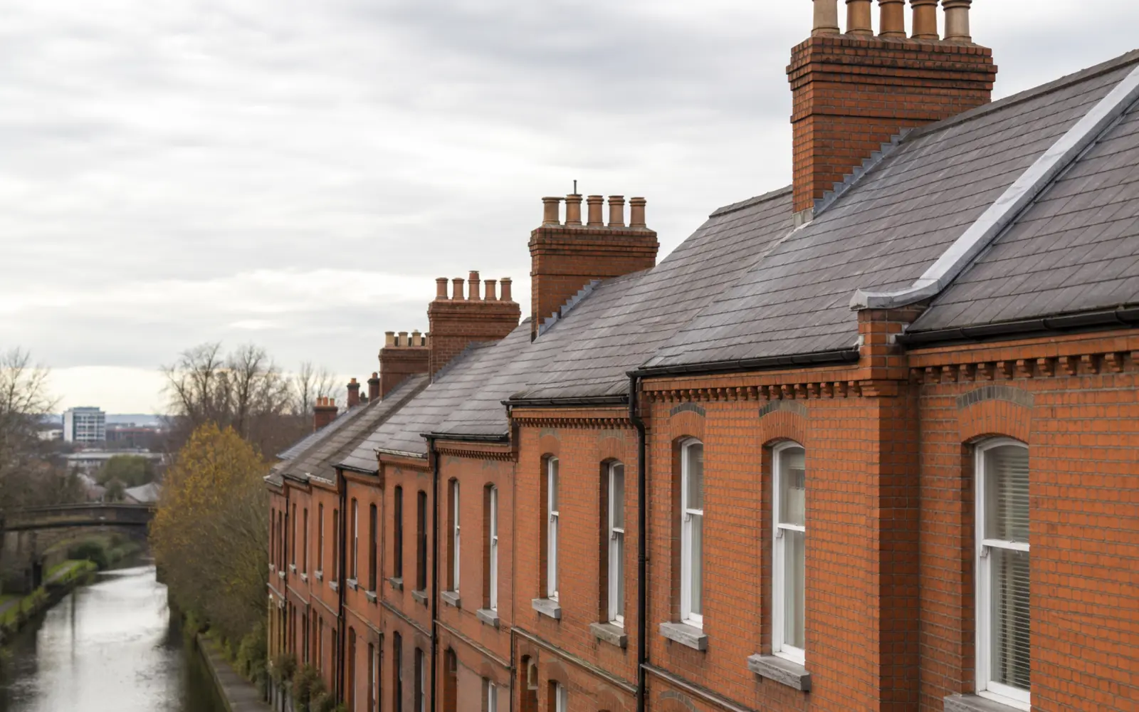 Victorian artisan terrace roofs and chimney stacks in Portobello, Dublin