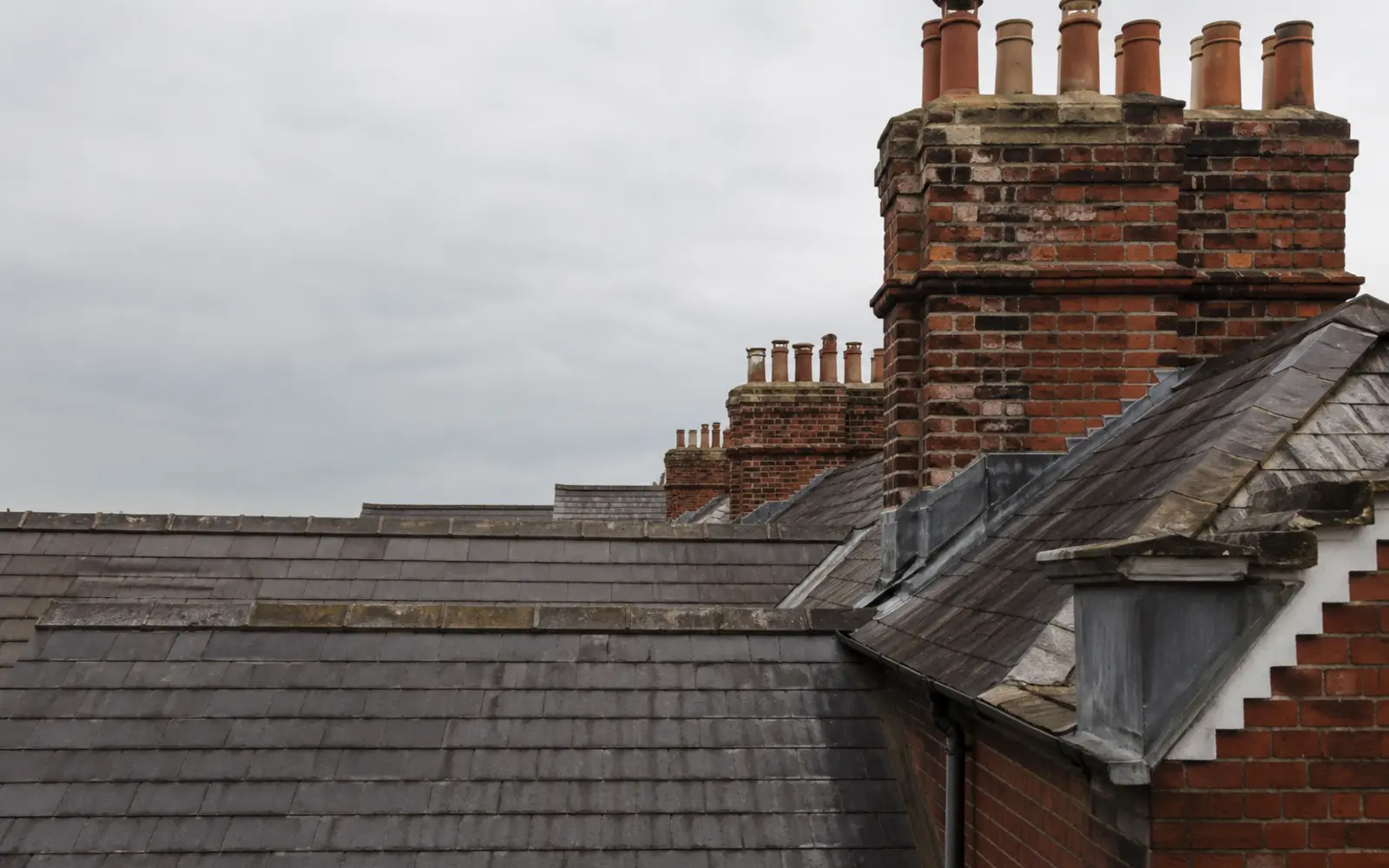 Victorian slate roofs on a red-brick terrace in Rathmines, Dublin