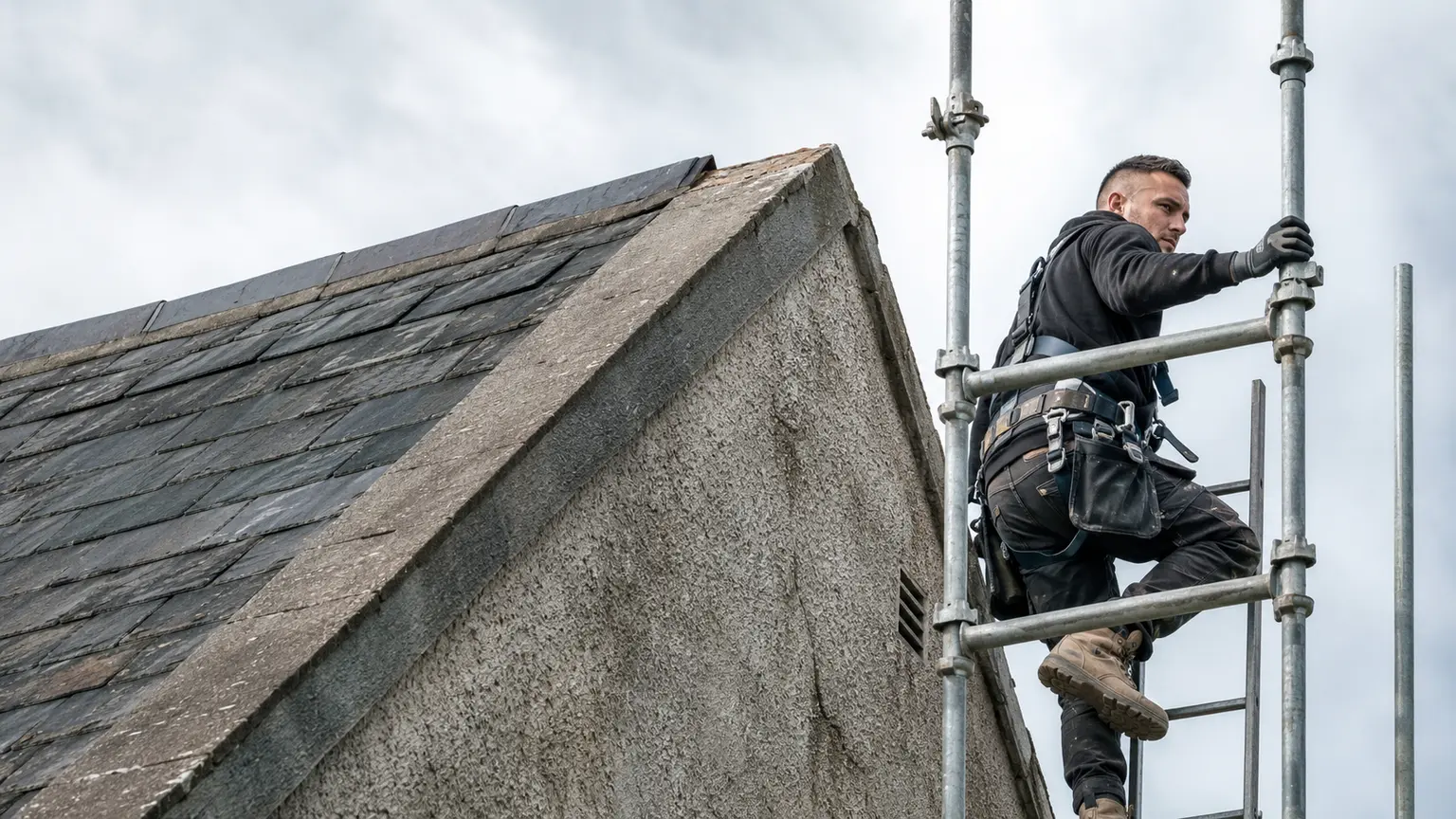 A roofer working from scaffold on a Dublin re-roof