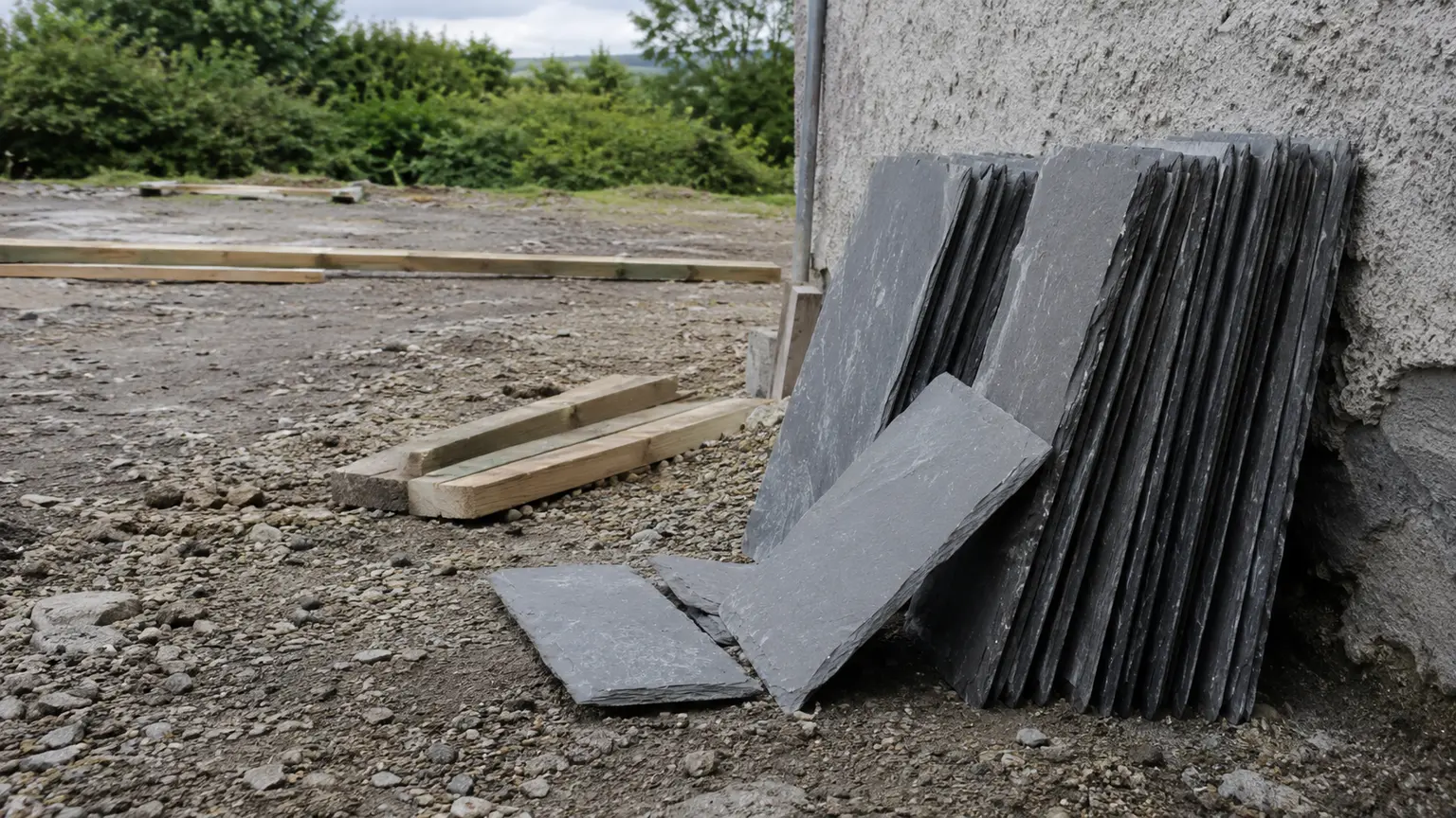 Slate roofing stacked ready for a Dublin re-roof