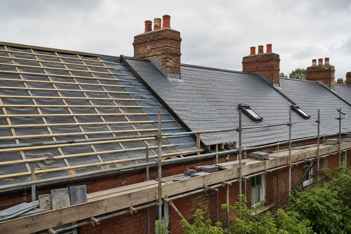A suburban roof stripped back during a re-roof in Dublin