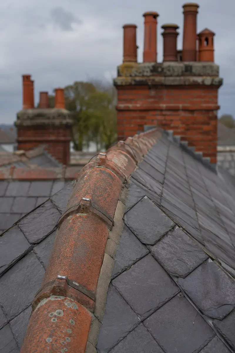 Clay ridge tiles being re-bedded on a Victorian villa roof in Rathgar