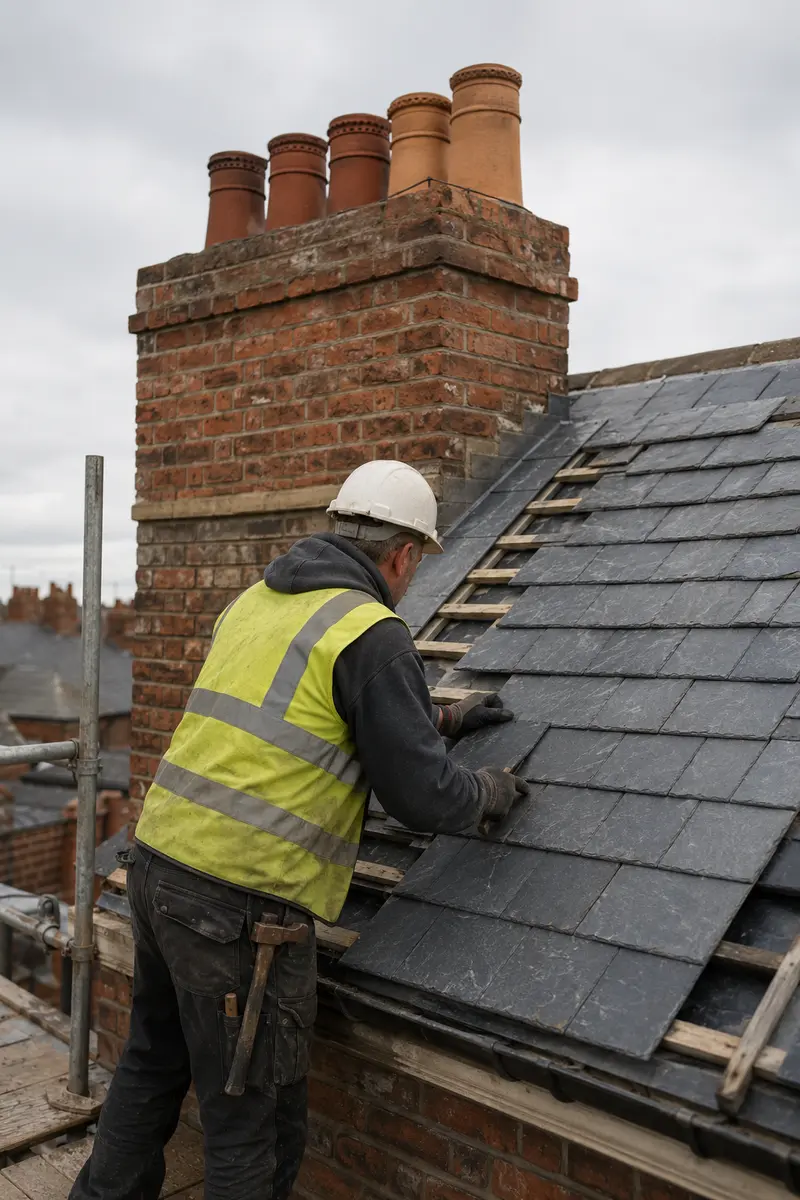 A roofer re-hanging natural slate on a Victorian terrace roof in Ranelagh