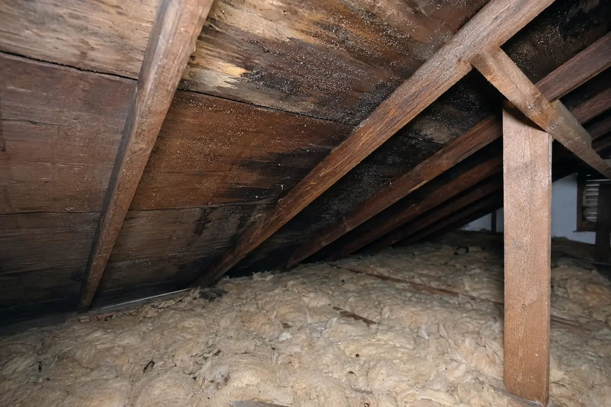 Damp staining on attic rafters in a Dublin house from trapped condensation