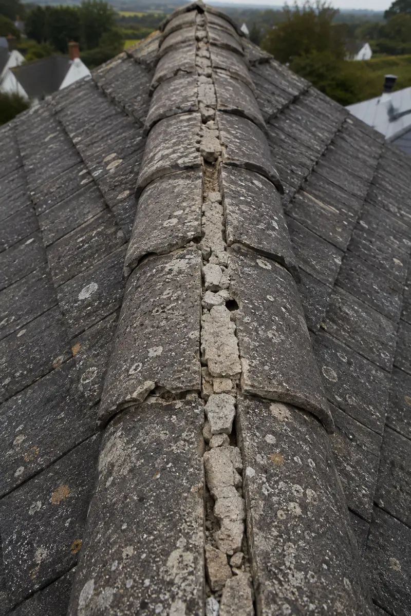 Cracked cement ridge mortar on an older Dublin roof