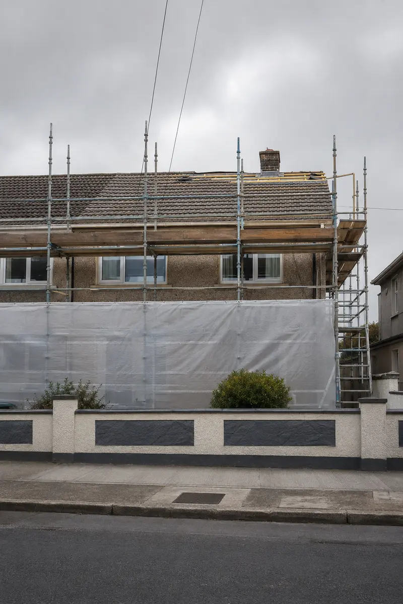 Scaffold up on a suburban Dublin semi during roof work