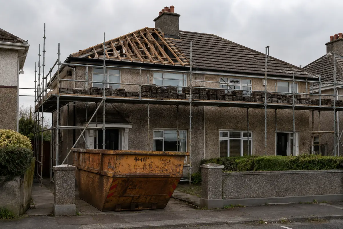 A Dublin suburban roof stripped back to the rafters during a re-roof