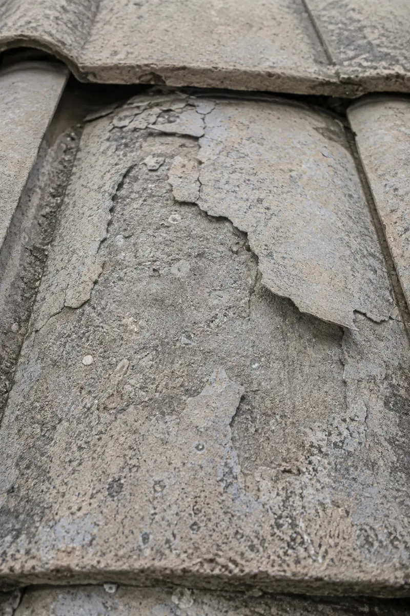 Concrete roof tile with its surface flaking away on a Dublin house