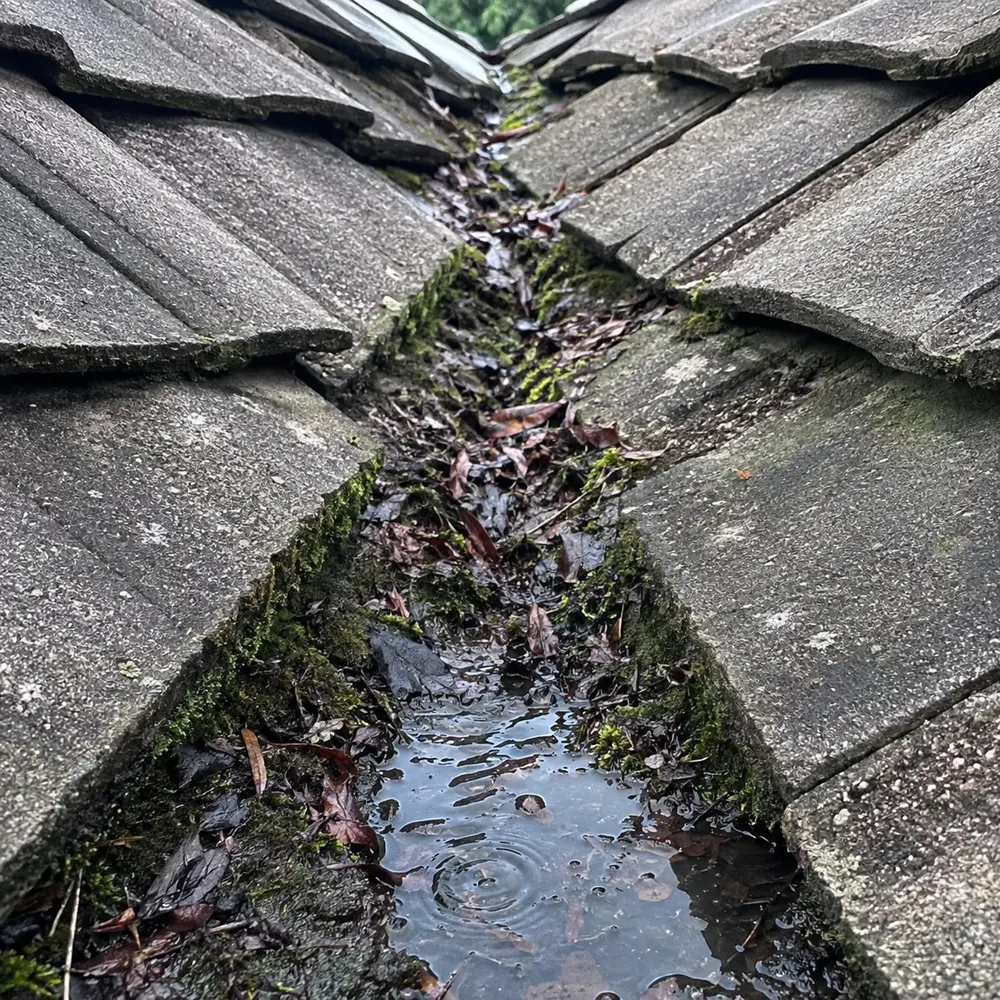 A tiled valley packed with moss and debris on a Dublin roof