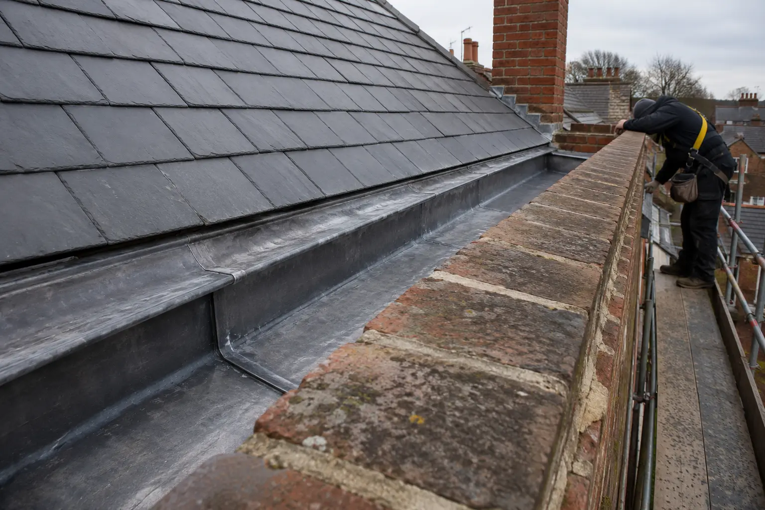 A lead-lined box gutter behind a Georgian parapet in Dublin