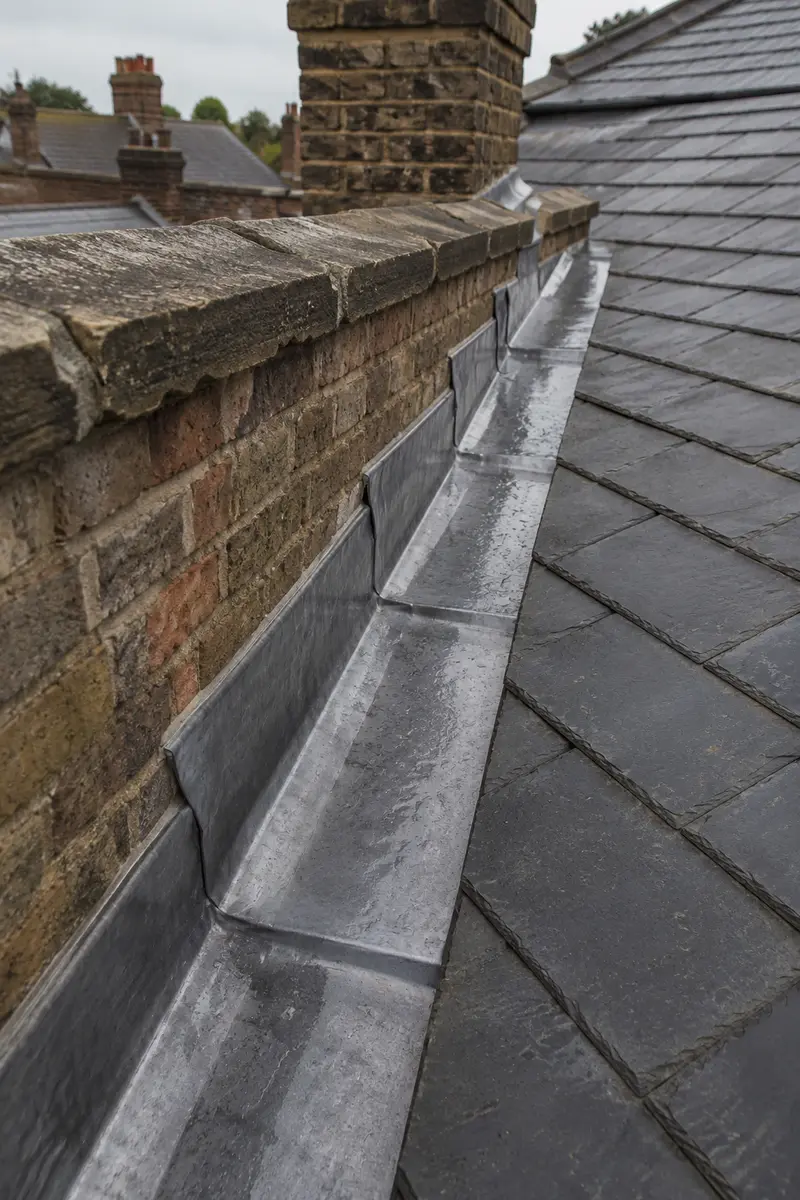 A lead-lined parapet gutter on a Dublin period roof