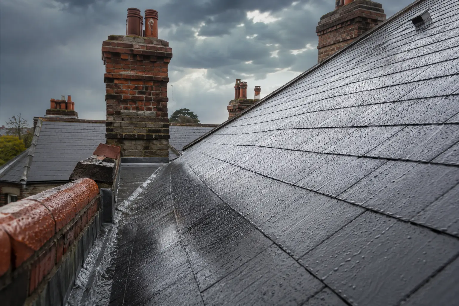 A wet natural-slate roof on an exposed coastal period home in Dalkey
