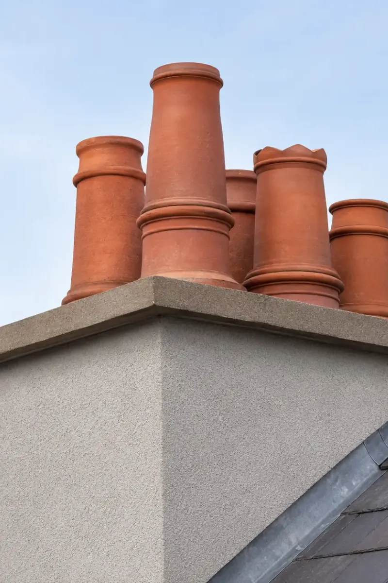 Clay chimney pots and lead soakers on a Dublin roof