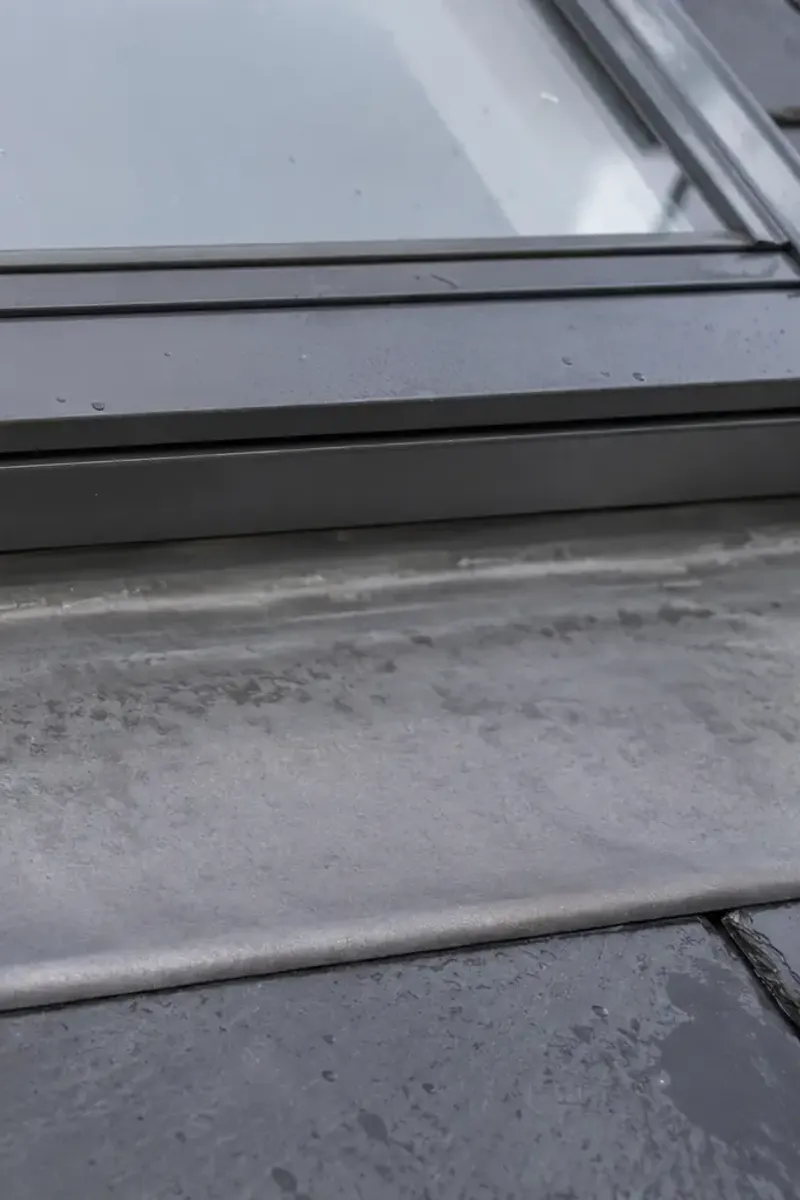 Close-up of the flashing around a Velux skylight on a Dublin roof