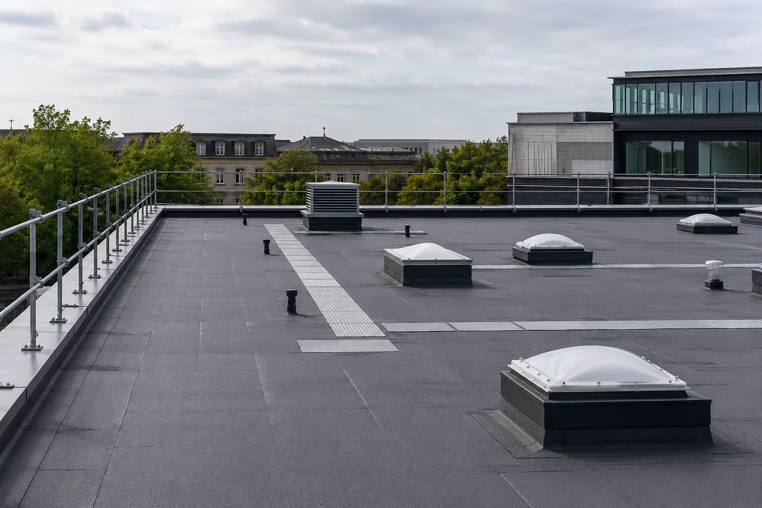 A commercial flat roof in Dublin with rooflights and a guardrail