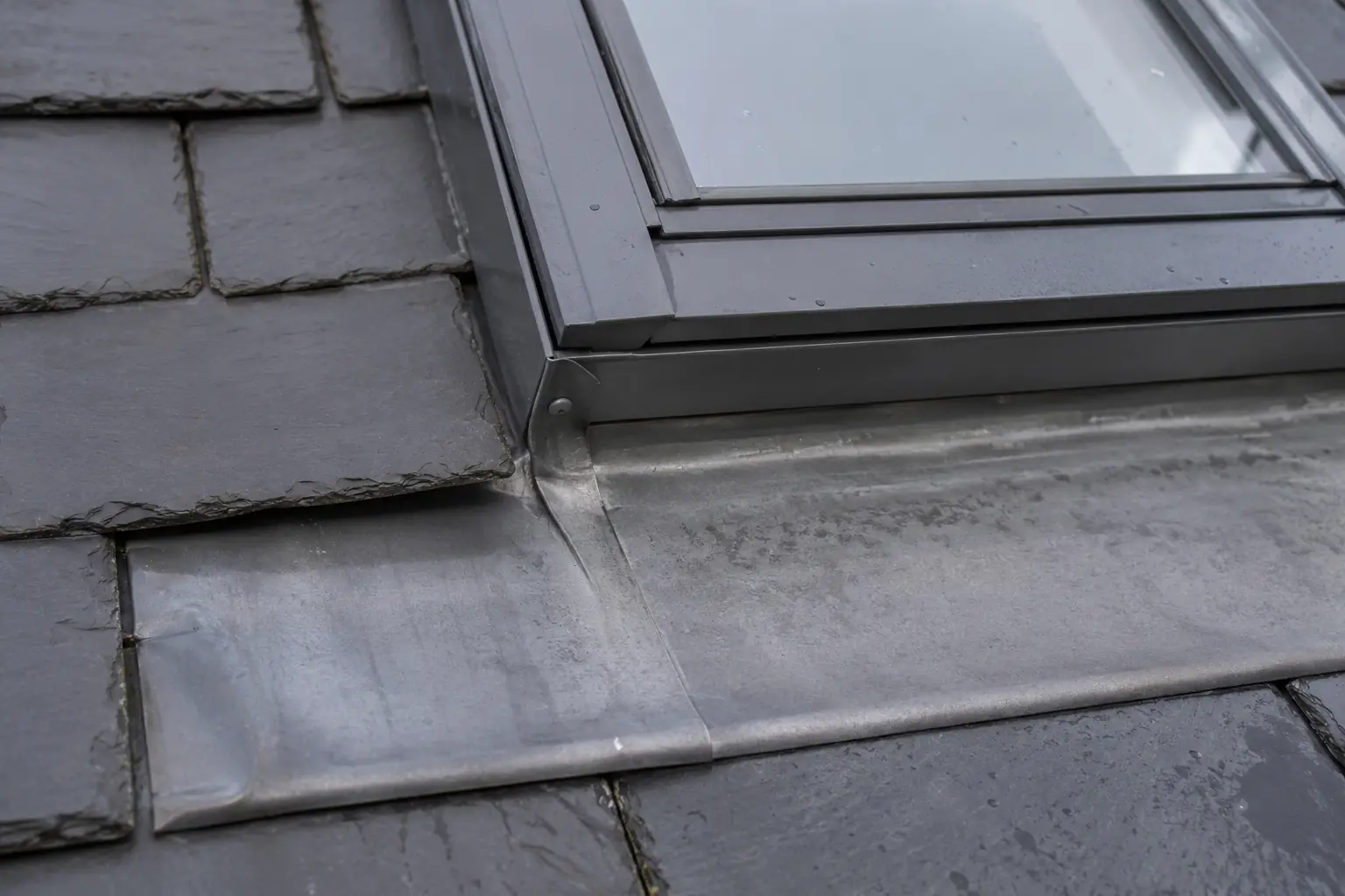 Close-up of the flashing around a Velux skylight on a Dublin roof
