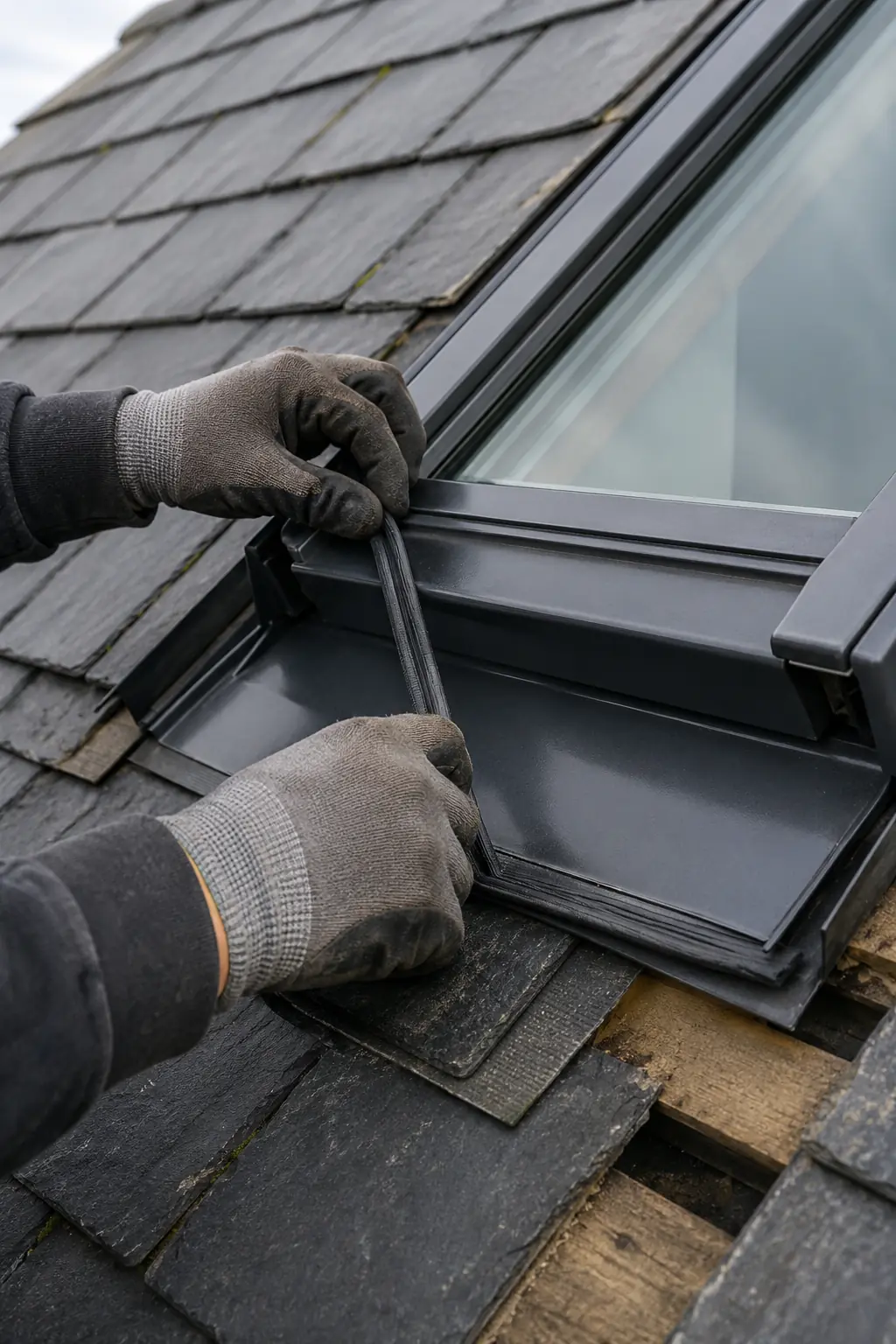 A roofer resealing a leaking Velux window in Dublin