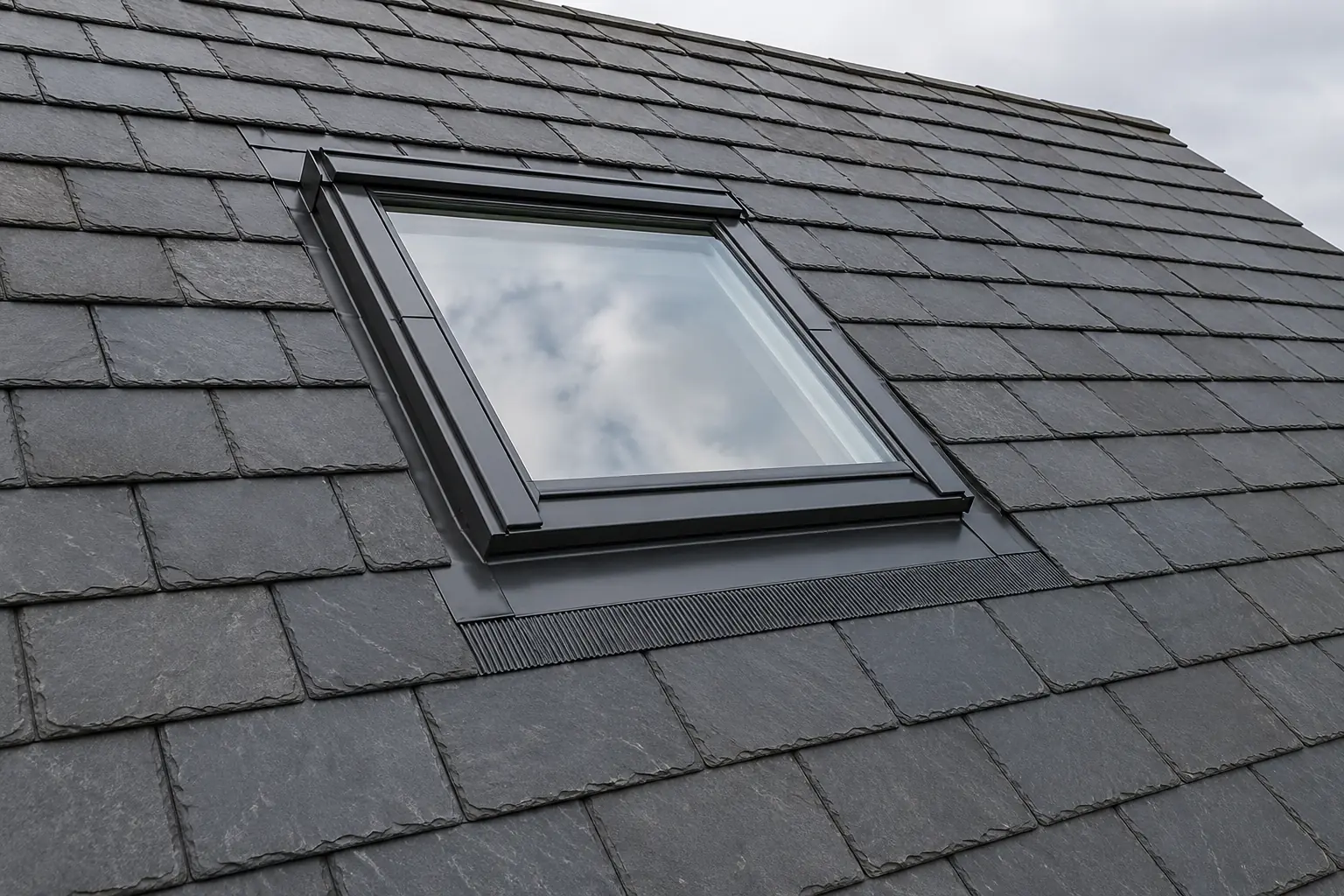 A Velux roof window seated in a slate roof in Dublin